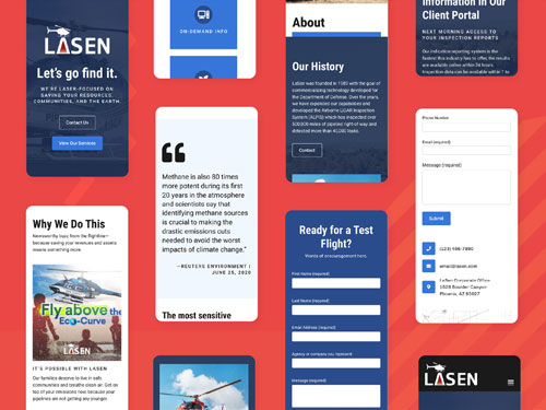 Multiple mobile screens of the redesigned LaSen.com website, featuring southwestern landscapes and helicopters.